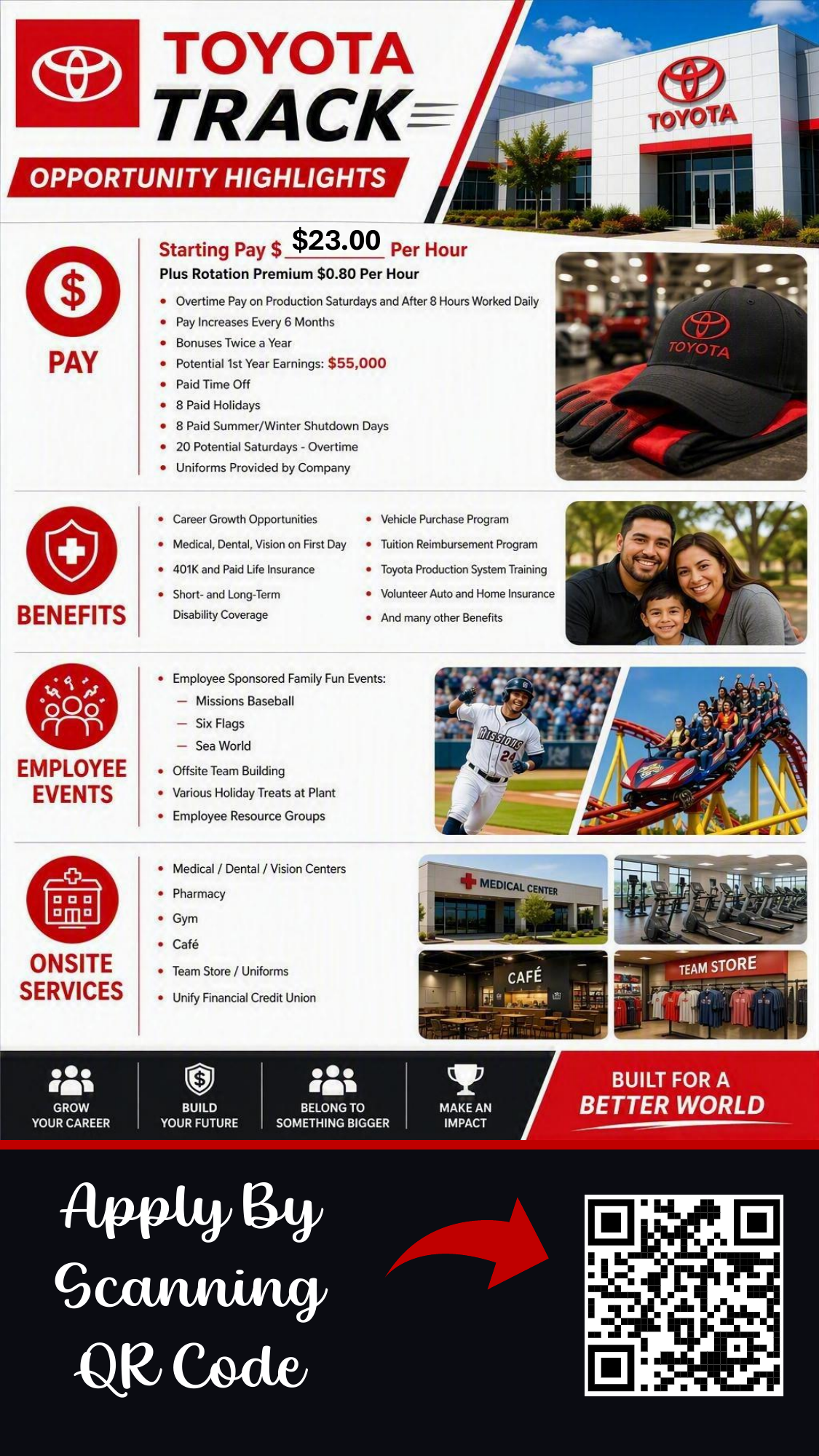Toyota TRACK Opportunity Highlights flyer, including pay, benefits, employee events, onsite services, and the original application QR code